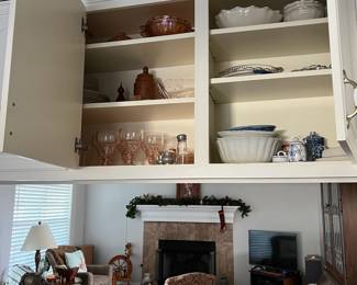 pink glass, ceramics and dishes for sale. also furniture