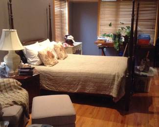 four poster bed for sale, also upholstered chair
