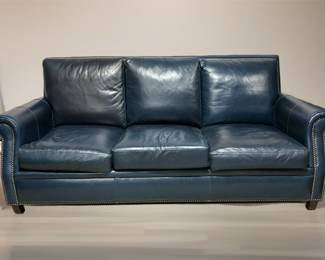 Haverty's Blue Leather 3-Cushion Sofa w/ Brad Trim