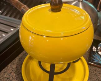 Mid Century Yellow Enameled Fondue Pot 