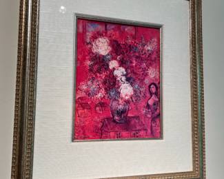 Framed & Matted Lithograph "Le Bouquet Sur Fond Rouge" by Marc Chagall