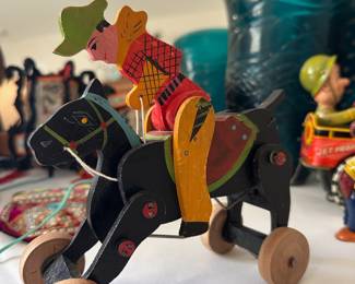 1930s Wind Up Cowboy on Bucking Horse Wood Toy