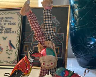 1930s Circus Clown Doing Hand Stand Wind Up Toy, 1940s J. Chein Windup Penguin Tin Toy, Wind Up Bird Tin Toy