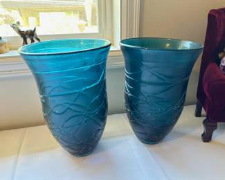 Pair of Threaded Wrapped Teal Art Glass Vases