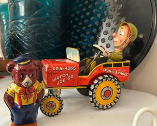 1938 J. Chein Dressed Teddy Bear Tin Toy, 1940s G.I. Joe Jeep CR5-4065 Tin Toy