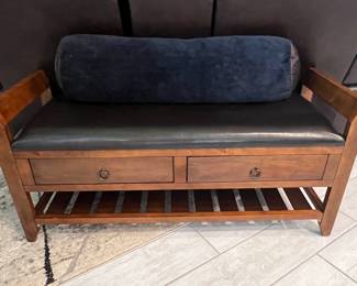 Hallway/Accent Bench with leather seating, storage drawers, and a shelf underneath 
