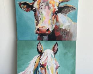 (2) Colorful Cow & Colorful Horse Canvas Art