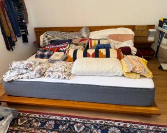 CB2 King Acacia Platform Bed with built in nightstands, Pendleton blanket, Anthropologie Bedding, Decorative Pillows