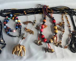 AfricanInspired Necklaces Carved Wood, Beads, Wildlife Motifs
