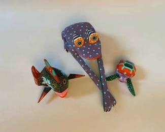 Set of 3 HandCarved Oaxacan Alebrijes Frog, Fish Turtle