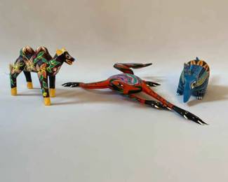 Trio of HandCarved Oaxacan Alebrijes by Renowned Artisans