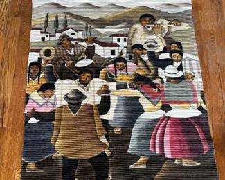 Handwoven Latin American Tapestry Folk Dance Scene with Wooden Hanger