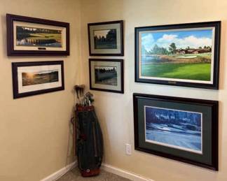 Golf Art Collection with Vintage Dunlop Club Set Leather Bag