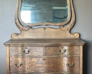 Antique Wood Dresser with Beveled Mirror Ornate Carving