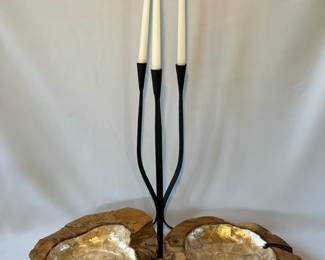 Rustic Teak Root Bowls Wrought Iron Candle Holder Set