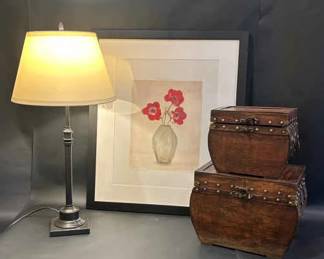 Three Anemones Art Print, Table Lamp VintageStyle Wood Chests
