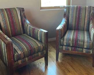 Pair of Vintage Upholstered Wood Armchairs with Southwestern Striped Fabric