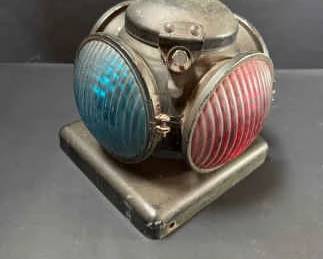 Vintage Railroad Signal Lantern with Red and Blue Lenses Heavy Cast Base