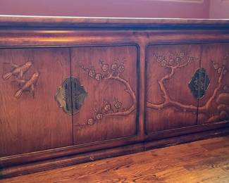 Vintage AsianInspired Carved Wood Sideboard with Brass Hardware