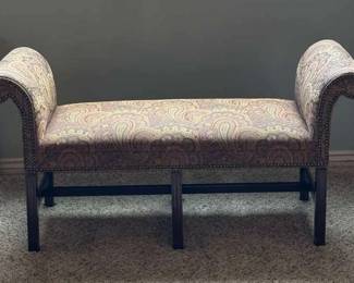Upholstered Rolled Arm Bench with Paisley Fabric and Nailhead Trim