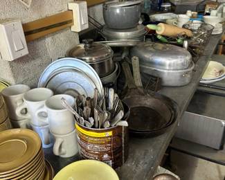 Vintage housewares, kitchen tools, ball jars, fry pans, aluminum, utensils.