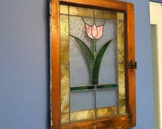 Antique stained glass cabinet front. Measures 29"H x 20"W x 1 1/2"D. $150. Sofa/entry table. Call Patty (or text) with offers to buy and setup a pickup. We will make pickup easy for you! 847-772-0404.