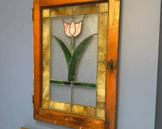 Antique stained glass cabinet front. Measures 29"H x 20"W x 1 1/2"D. $150. Sofa/entry table. Call Patty (or text) with offers to buy and setup a pickup. We will make pickup easy for you! 847-772-0404.