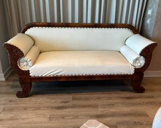 Fabulous reupholstered and restored antique sofa in a pleather pebble texture. Measures 38" tall x 80" long x 27" deep. $1200. Call Patty (or text) with offers to buy and setup a pickup. We will make pickup easy for you! 847-772-0404.
