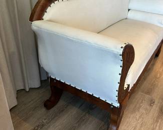 Fabulous reupholstered and restored antique sofa in a pleather pebble texture. Measures 38" tall x 80" long x 27" deep. $1200. Call Patty (or text) with offers to buy and setup a pickup. We will make pickup easy for you! 847-772-0404.