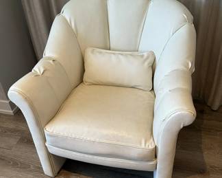 Pair of pebble textured pleather reupholstered chairs (matches the upholstery on the antique sofa). Pair $600. Each measures 32"H x 31"W x 29"D. Call Patty (or text) with offers to buy and setup a pickup. We will make pickup easy for you! 847-772-0404.