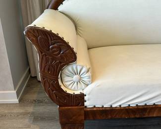 Fabulous reupholstered and restored antique sofa in a pleather pebble texture. Measures 38" tall x 80" long x 27" deep. $1200. Call Patty (or text) with offers to buy and setup a pickup. We will make pickup easy for you! 847-772-0404.