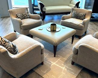 Overview of custom coffee table and carpet with Century chairs. Call Patty (or text) with offers to buy and setup a pickup. We will make pickup easy for you! 847-772-0404.