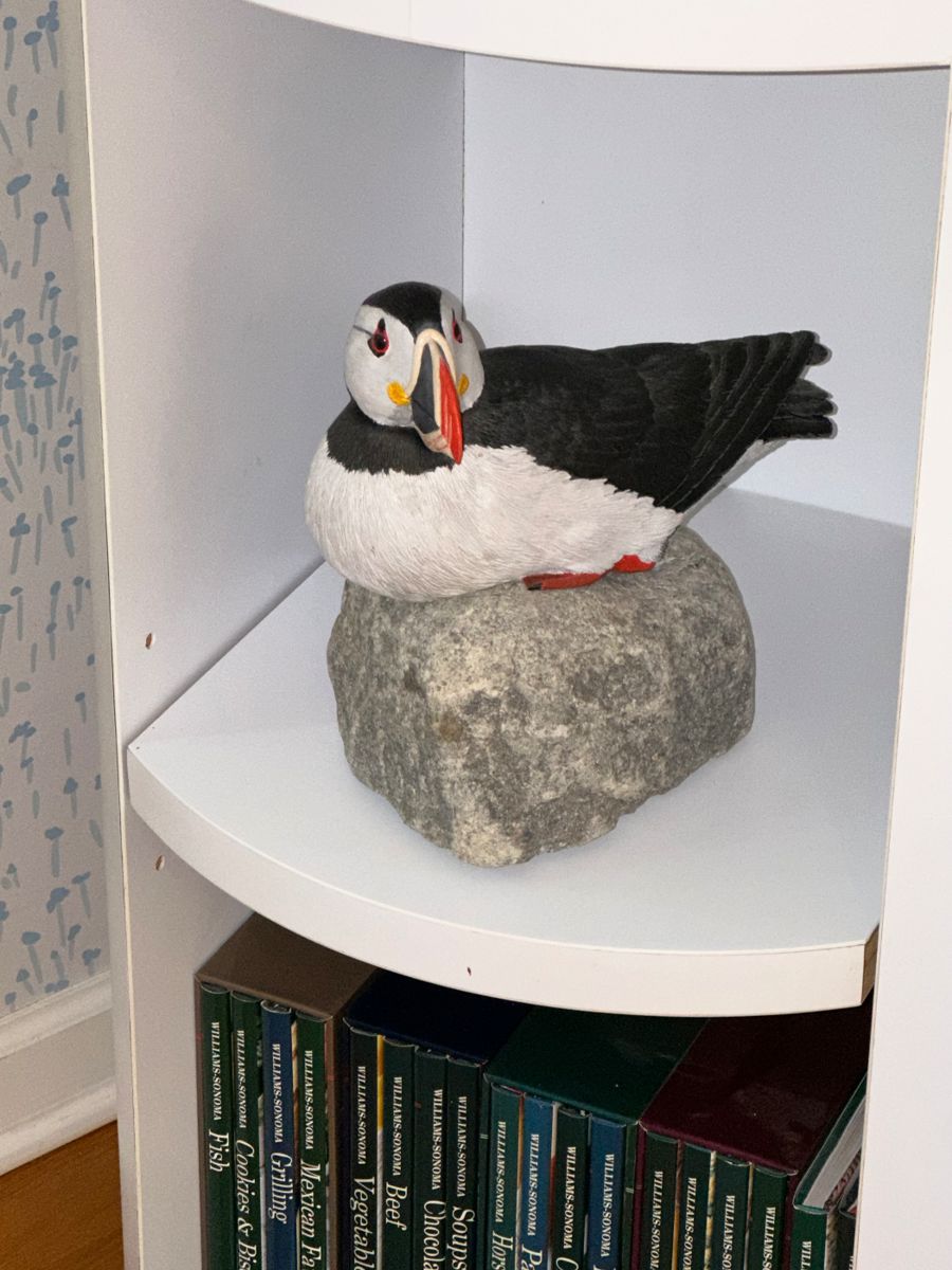 Hand carved wood Puffin on rock