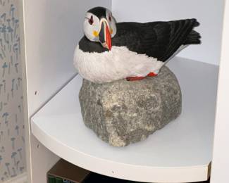 Hand carved wood Puffin on rock