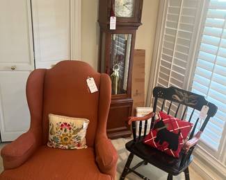Grandfather clock , wingback chair and Ethan Allen stencil chair