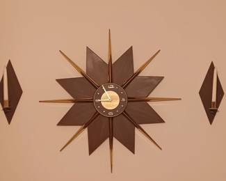 Fantastic Mid Century Modern Starburst Clock and Matching sconces.