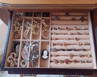 One drawer in jewelry chest, costume, sterling and gold