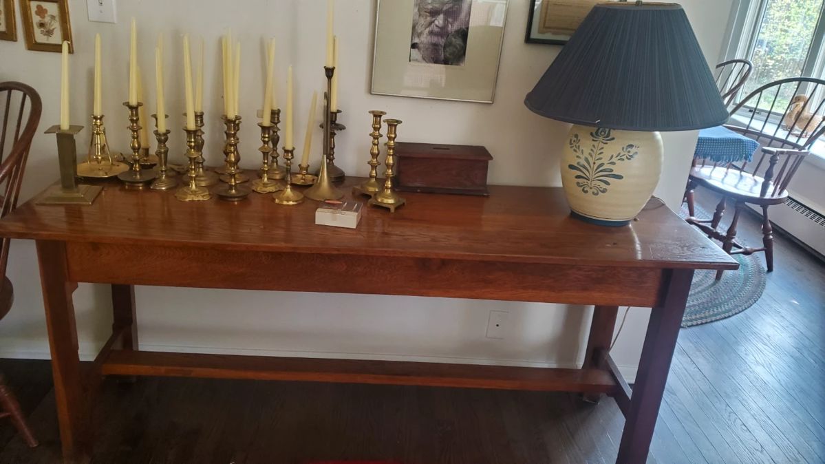 Gorgeous Solid Wood Table, Folk Art Lamp, Brass Candle Sticks, Vintage Voting Box