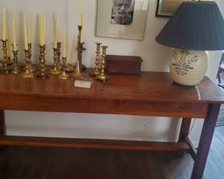 Gorgeous Solid Wood Table, Folk Art Lamp, Brass Candle Sticks, Vintage Voting Box