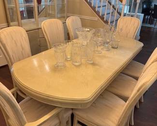 Beautiful Stunning Vintage dining Table and 8 chairs topped with Crystal Glass