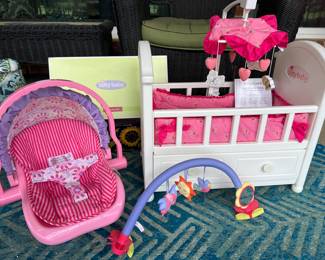American girl/bitty baby crib, toy bar, and baby seat