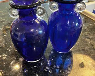 Art Glass Vase Hand Blown Cobalt Blue with Clear Glass Handles Pair