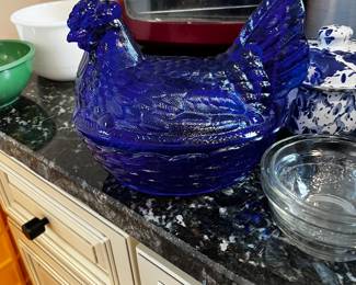 Vintage Glass L.G. Wright Hen on Nest Chicken Cobalt Blue