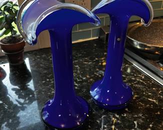 Pair of Tarnowiec Poland Blue Art Glass Tall Cobalt Vases