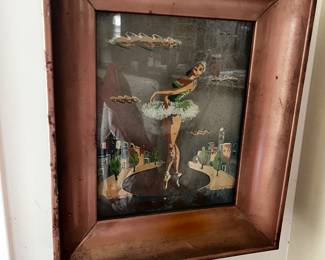 Vintage Bellarina Shadow Box Light Reverse Glass Painting in Metal Box 1950,s