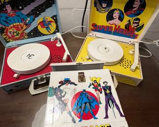 super heroes record player and vintage records