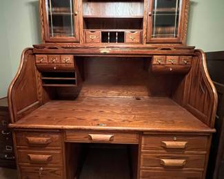 winners only oak roll top desk with curio/bookshelf