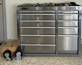 Craftsman Stainless Steel Tool Box Filled with Tools
Measures 33 x 41 x 180"
Casters included, not attached