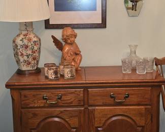 Thomasville Oak Serving Cart - Crystal Decanter and 3 Glasses