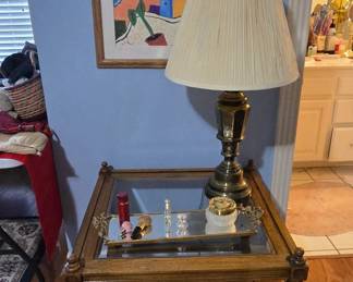 Glass Top Side Table with Brass Lamp